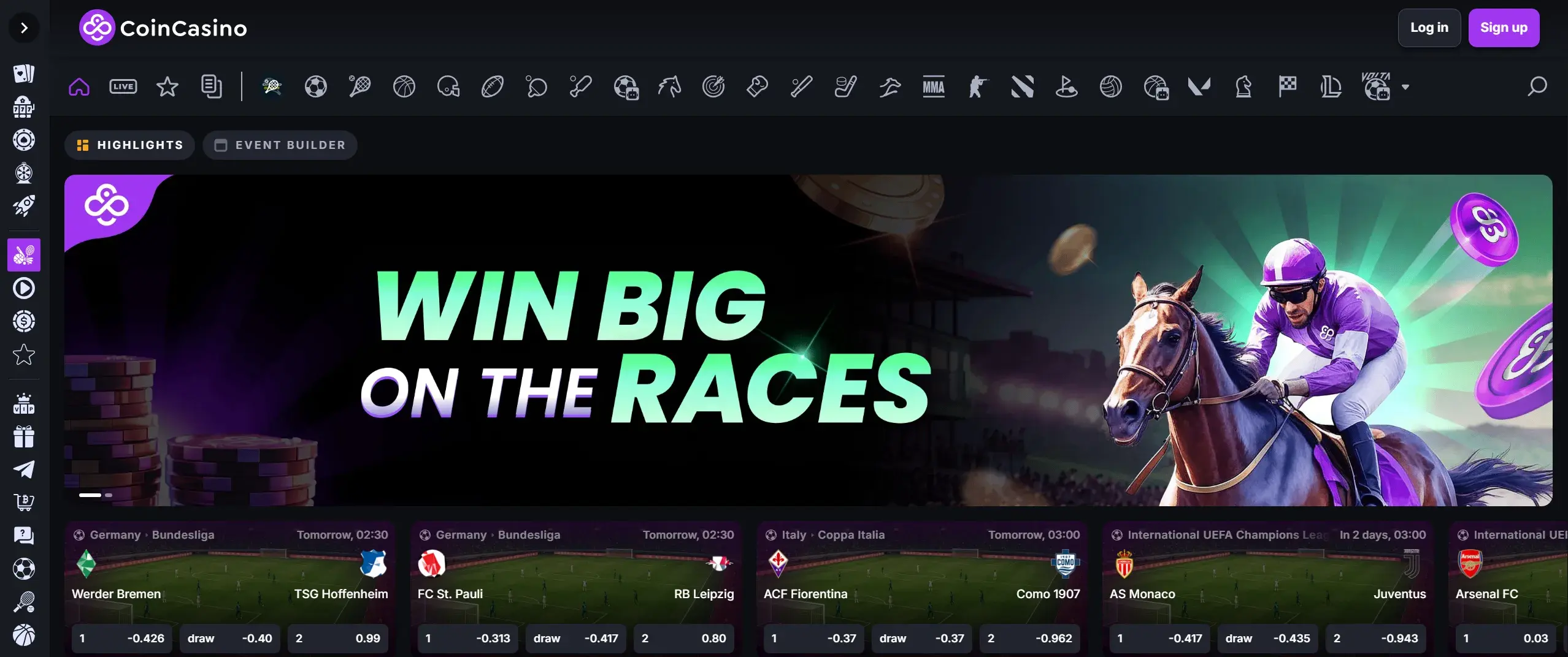 CoinCasino sportsbook homepage featuring horse racing promotion and betting markets