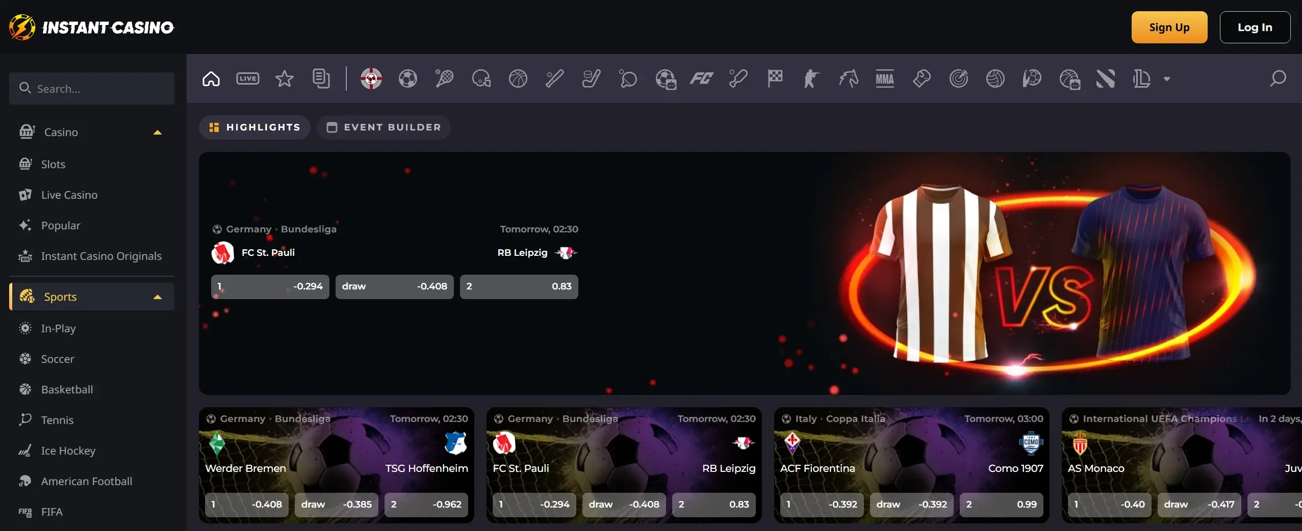 nstant Casino sportsbook homepage featuring football match betting and site navigation